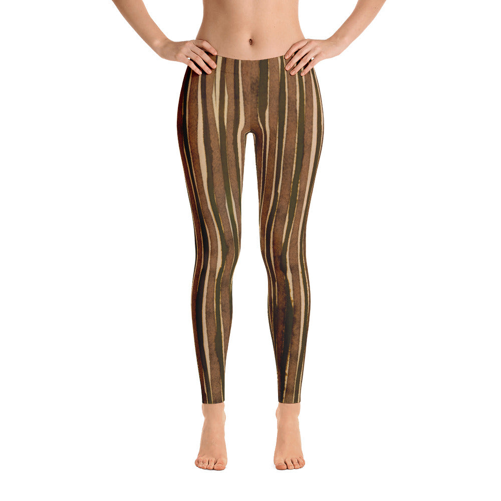 Valroys.com Ladies Leggings - Water Color Brown & Olive Stripe Leggings by Muchi USA - MuchiUSA