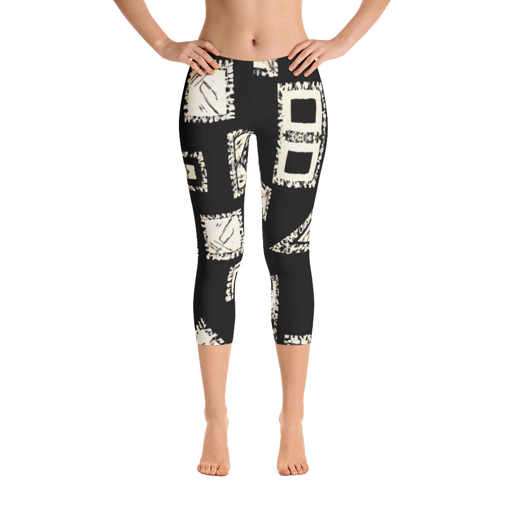 Ladies Capri Leggings: Black with White Geometrics Capri Leggings by Muchi USA - Valroy's Store