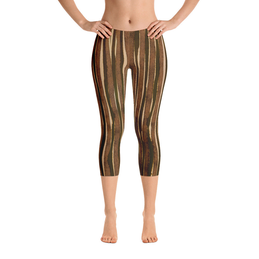 Valroys.com Ladies Capri Leggings - Water Color Brown & Olive Stripe Capri Leggings by Muchi USA - MuchiUSA